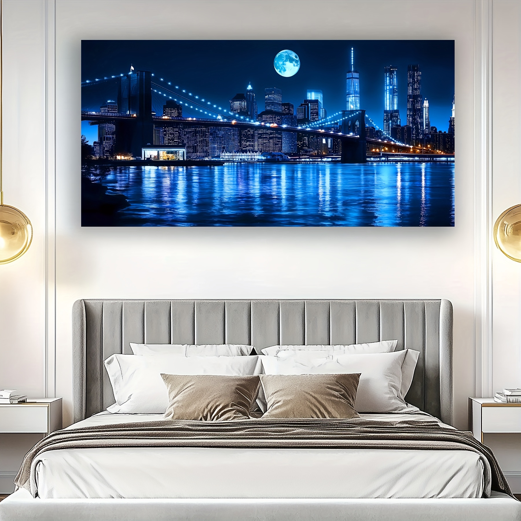 2D Flat, 2D Flat, Contemporary Urban Landscape Artwork, Art Deco Design, Deep Blue Canvas Print, Stylish Home Decor, Ideal for Display in Living Room, Bedroom, Or Study, Sturdy Wooden Inner Frame