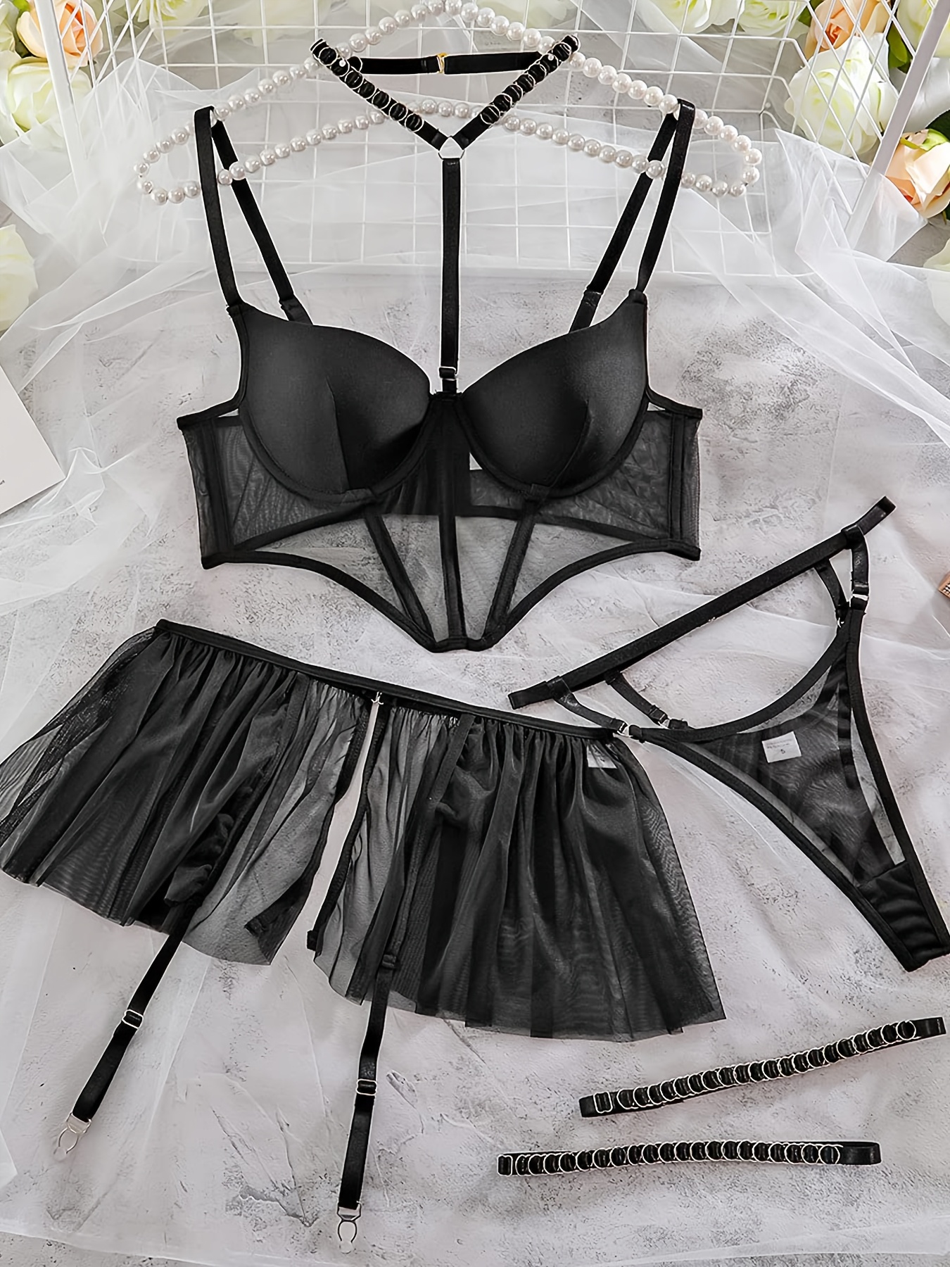 Ensemble Lingerie Femme – Babydoll, Jarretière Et Soutien-gorge – Cuir Noir, Bretelles Larges
