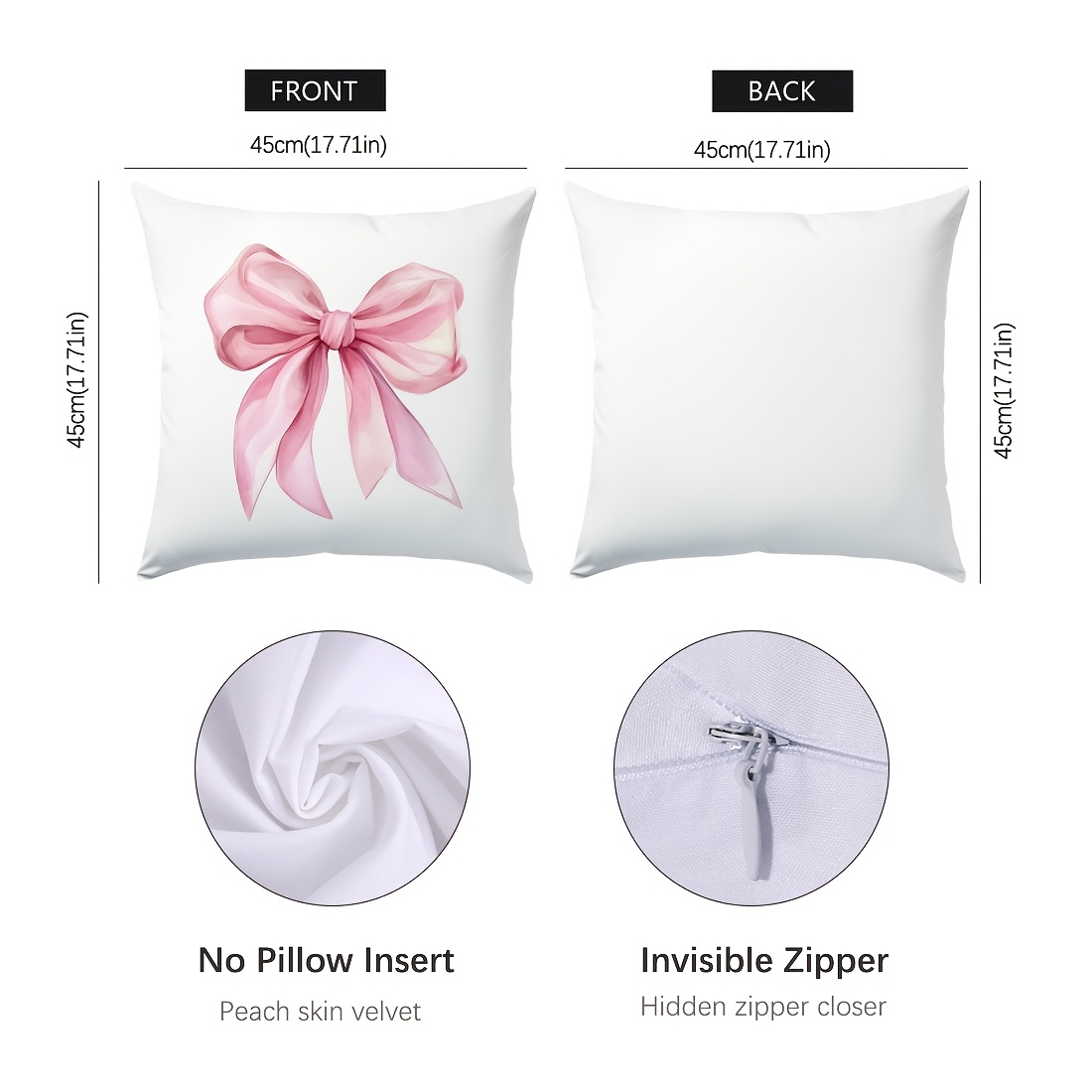 1pc, Single-sided Printed Pillowcase, Pink Bow Pillowcase, 17.7x17.7in, Home Decor Pillowcase Suitable For Living Room Sofa Bedroom, Pillow Insert Not Included