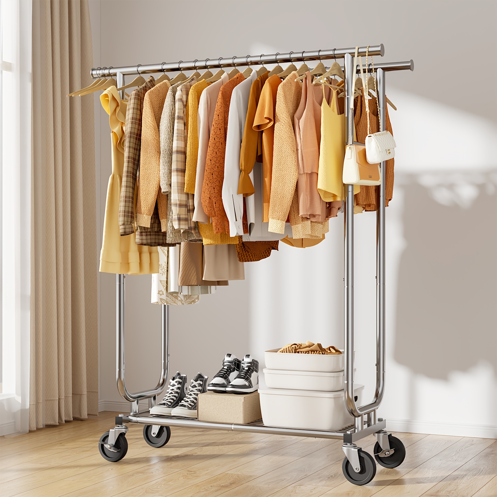 Image of Heavy-duty Double Rail Rolling Clothes Rack With Mesh Shelf, Lockable Wheels & Anti-slip Stoppers, Large Capacity Clothing Organizer For Bedroom And Laundry Room, . 110.4 X 41.9 X 167.3 Cm, Silvery