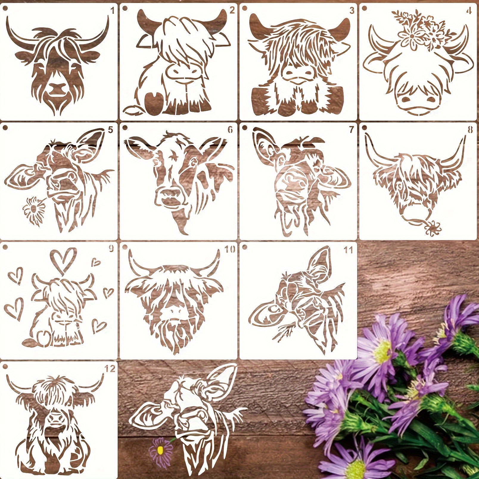 

12pcs Cow Cow Head Farm Animal Cow Print Stencils For Crafts Rock Paint Template Plastic Reusable Stencils For Painting On Wall Tile Shirt Canvas Burning Home