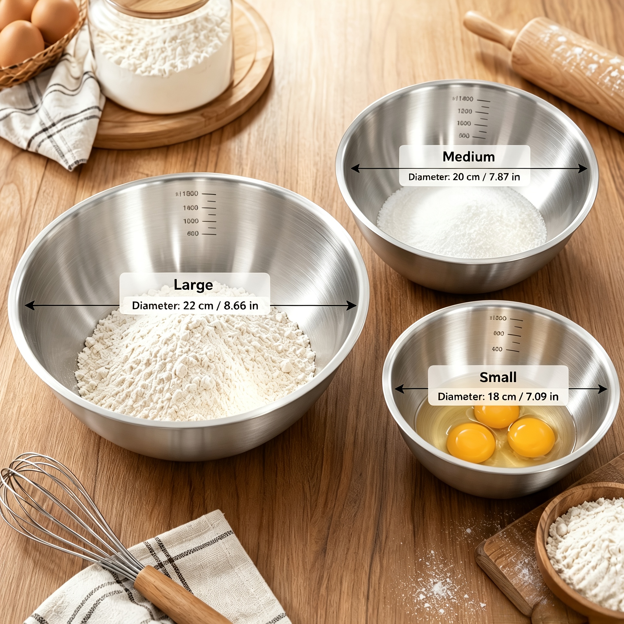 TEMU 3pcs Set Of Thickened Stainless Steel Mixing Salad Bowls With Clear , Home Baking Tubs, For Kneading And Whipping, Vegetable And Fruit Salad,