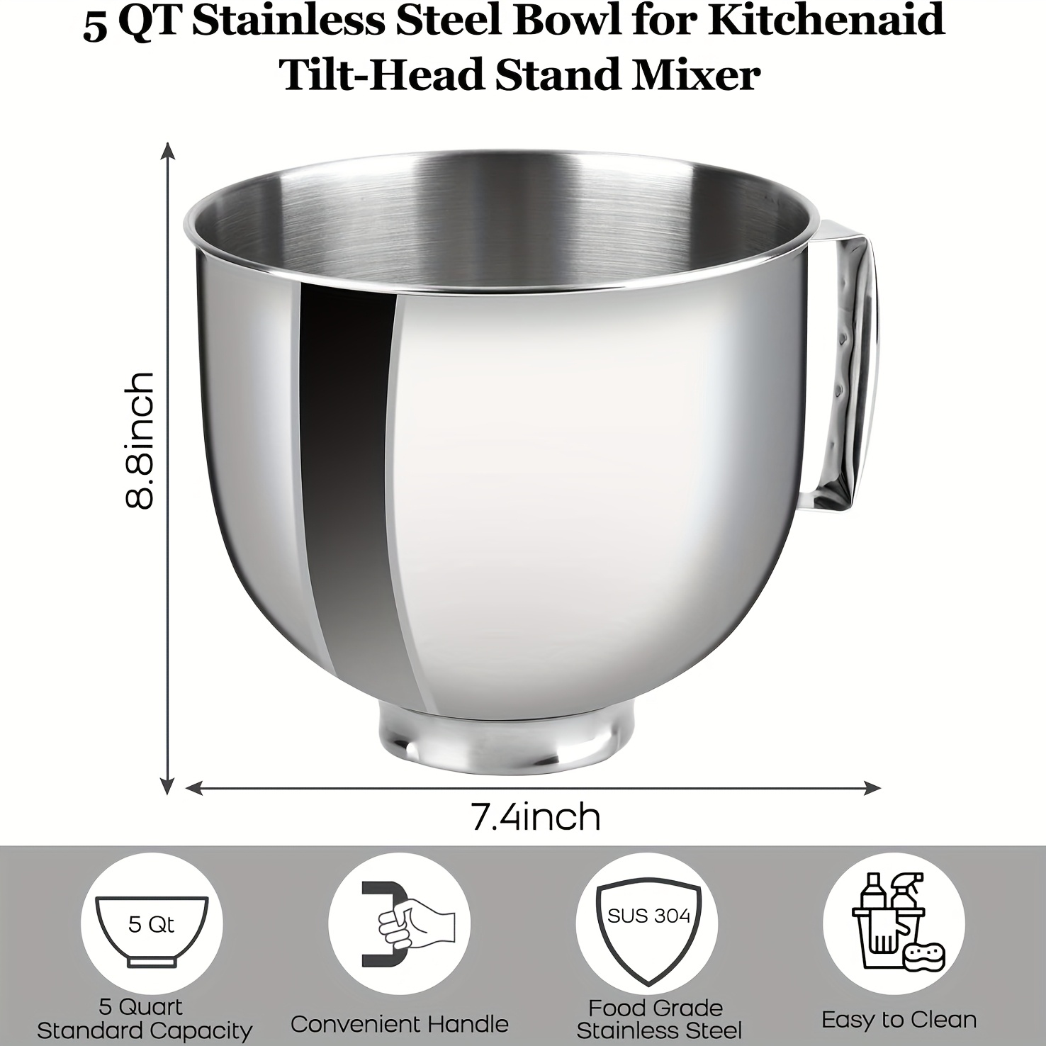 Stainless Steel 5 Quart Mixer Bowl for KitchenAid Artisan & Classic 4.5-5 QT Tilt-Head Mixers with Spill-Resistant Lid and Ergonomic Handle,
