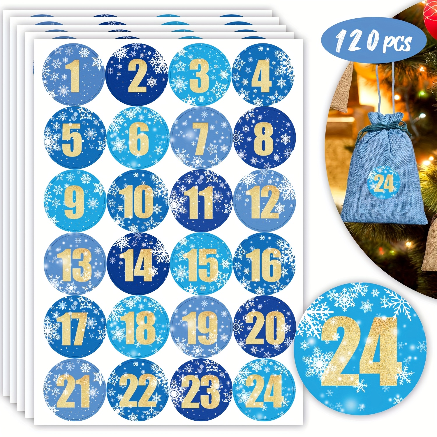 TEMU 120 adesivi numerici per calendario del conteggio di Natale con blu e dorati, adatti per etichette circolari da 1 per sacchetti regalo del