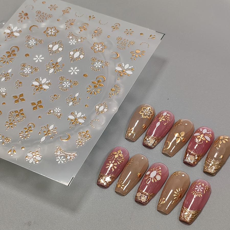 

Golden Bronzing Nail Art Stickers With Flower Design, Self Adhesive Nail Art Decals For Nail Art Decoration,nail Art Supplies For Women And Girls