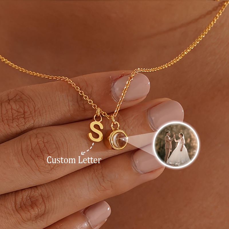 

Custom Photo Projection Pendant Necklace With Initial Letter Charm, Style, 18k Golden Plated Stainless Steel, Personalized Jewelry, With Initial Letter Charm For Birthday, Party, Christmas, All