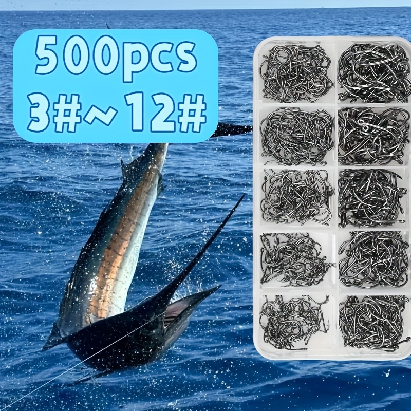 Image of 500pcs Sharp Carbon Steel Fishing Hooks Set, Round Single Barbed Hooks, Assorted Sizes 3-12, Durable Fishing Tackle Additions, Black