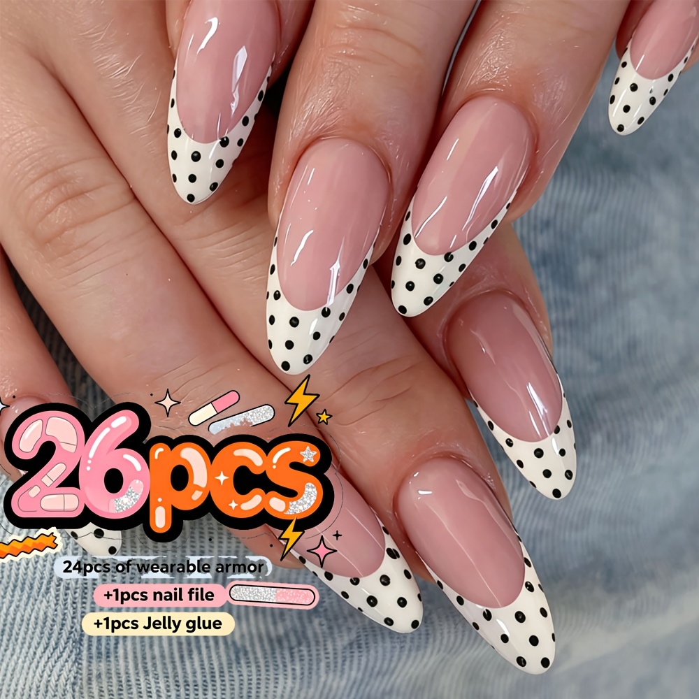 TEMU 26pcs (24pcs Wearable Armor And 1pc Nail File And 1pc Jelly Glue) Medium Almond Press-on Nails Elegant White Wide French Fashionable Polka ,