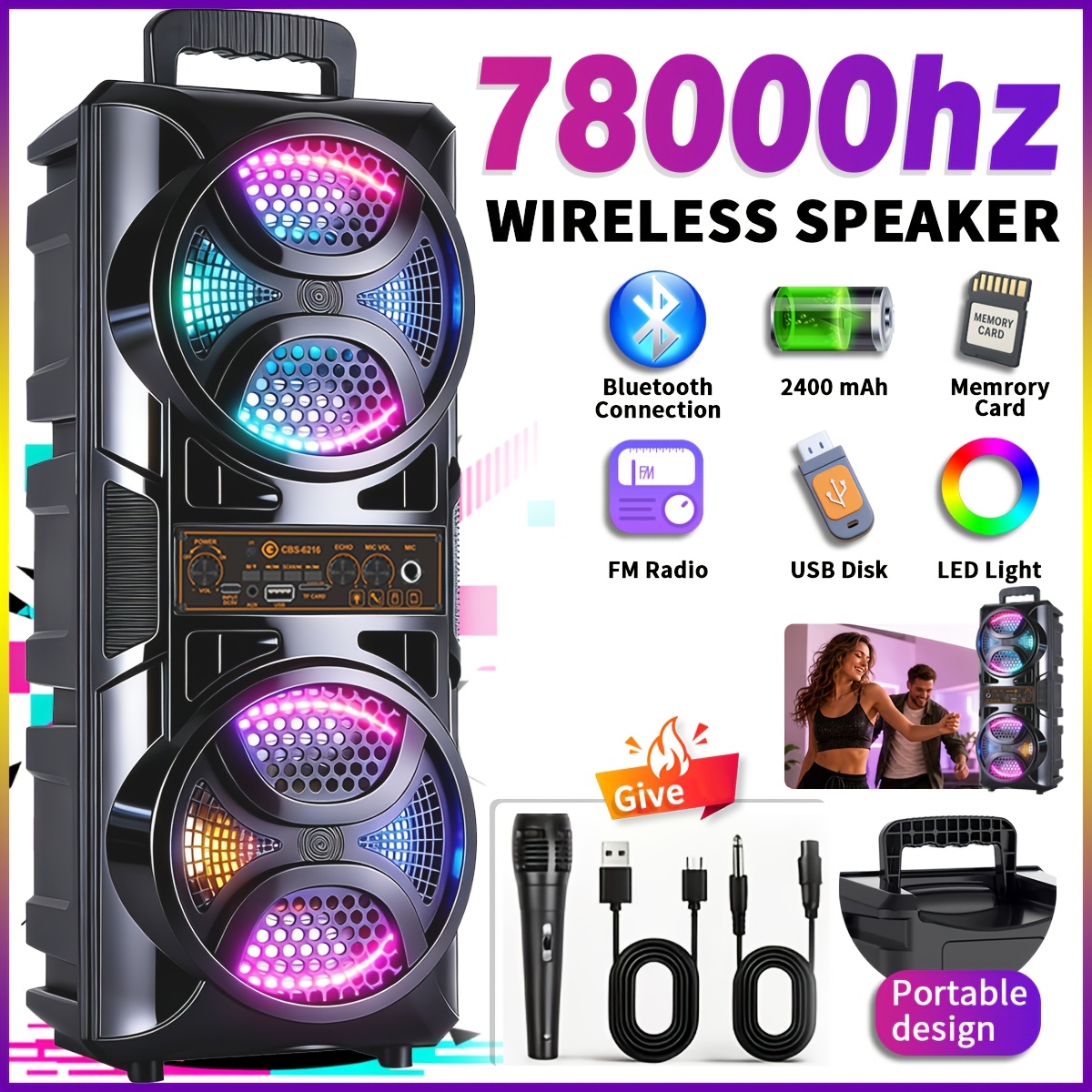 TEMU Portable Wireless Speaker With Rich And Tws Stereo Pairing. Supports Tf Card And Usb Playback With Long . Ideal For Parties, Karaoke, Outdoor
