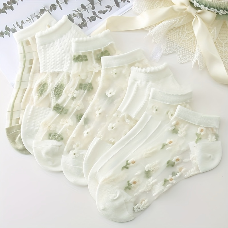 

10/20 Pairs Of Glass Stockings For Women, Summer Thin Cotton Bottom Transparent Boat Socks, Japanese Style Hollow Shallow Socks, Short Crystal Socks