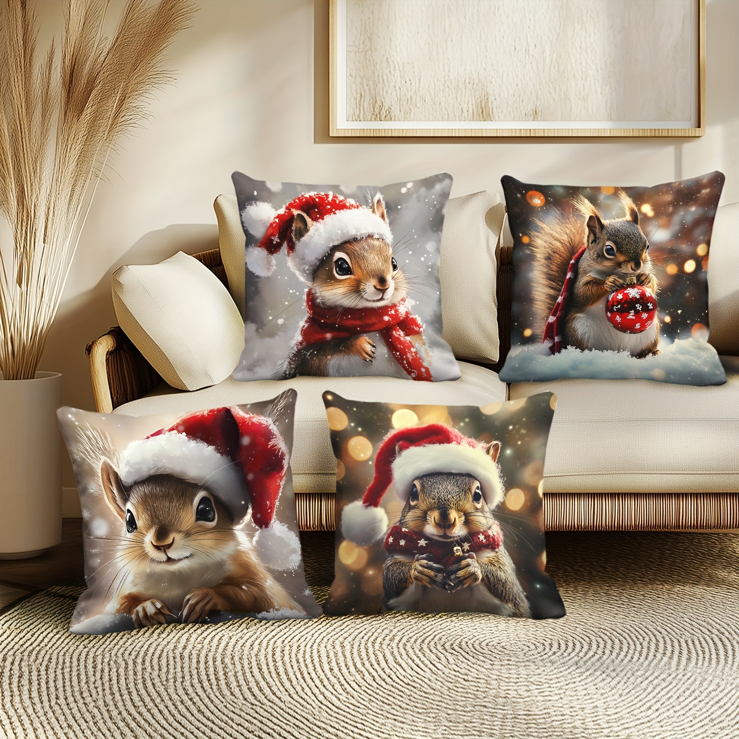 

4- Christmas Set - Red-capped , 18x18 , , Polyester, For And Decor ( Inserts Not Included)