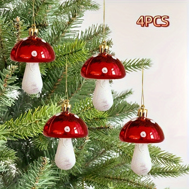 TEMU 4 stuks Kerst Paddenstoel Hangornamenten - Rood en Witte Glanzende Paddenstoeldecoraties met Zwart Stippenpatroon en Gouden Ringen, voor
