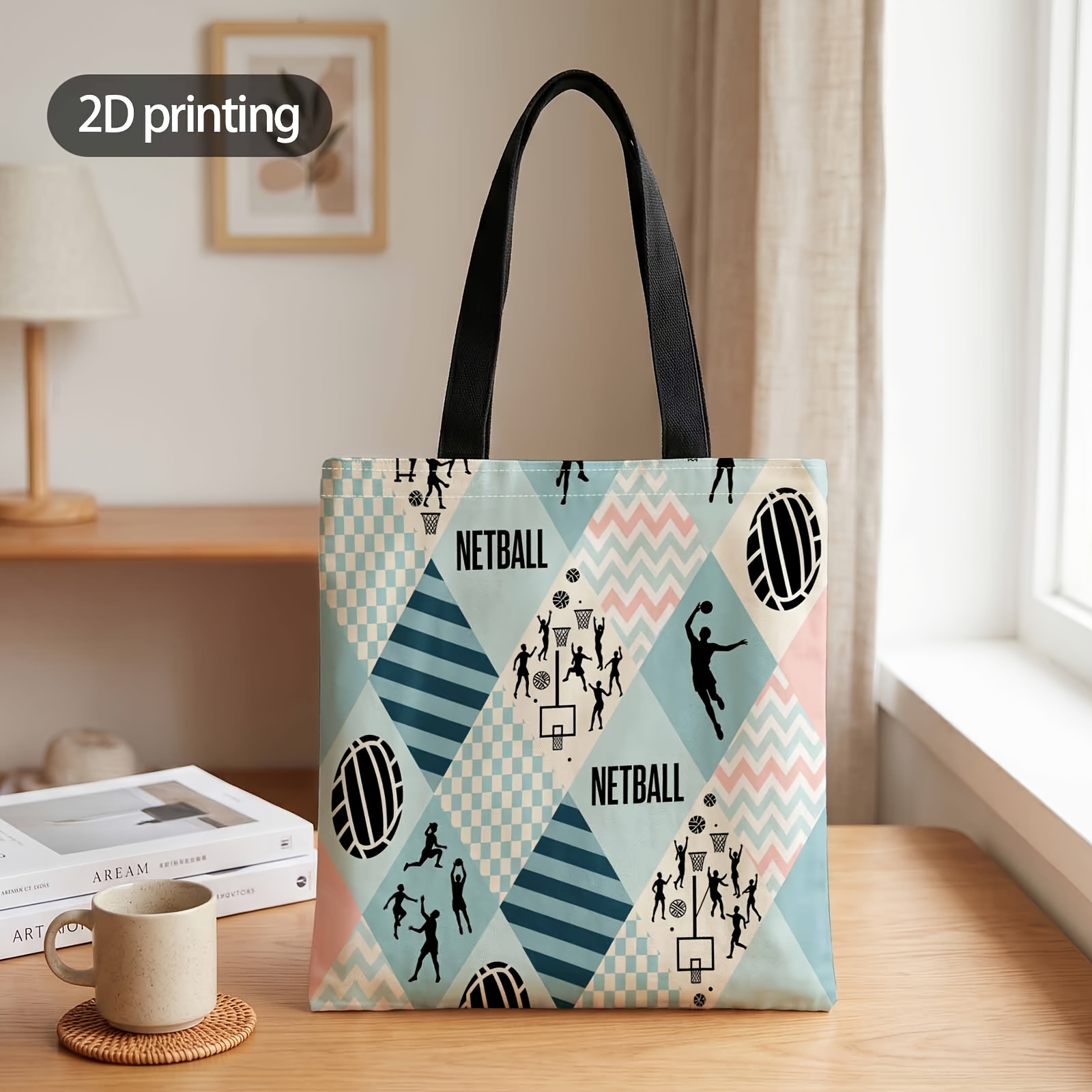 TEMU 1pc 2d Printed Handbag With Netball Action Everywhere Pattern, Reusable Fashion Shoulder Bag Handbag Shopping Tote Bag Suitable For Shopping