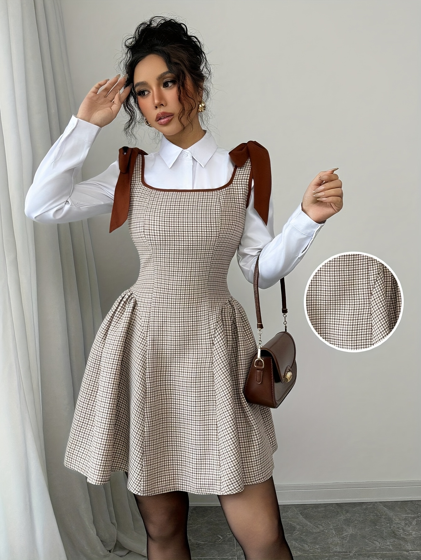 Elegant Women'S Plaid A-Line Dress, Square Neck, Fitted, Lace Up, Woven Polyester, 230g/m², with Cat Ear Design, for Adult, Summer