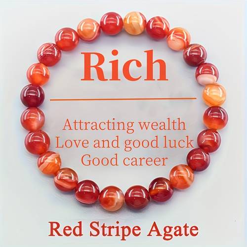 1 fashionable and elegant womens beaded bracelet mens elastic jewelry 8mm red striped agate beaded bracelet suitable for men and women ideal gift for daily wear wealth good luck success womens fashionable jewelry