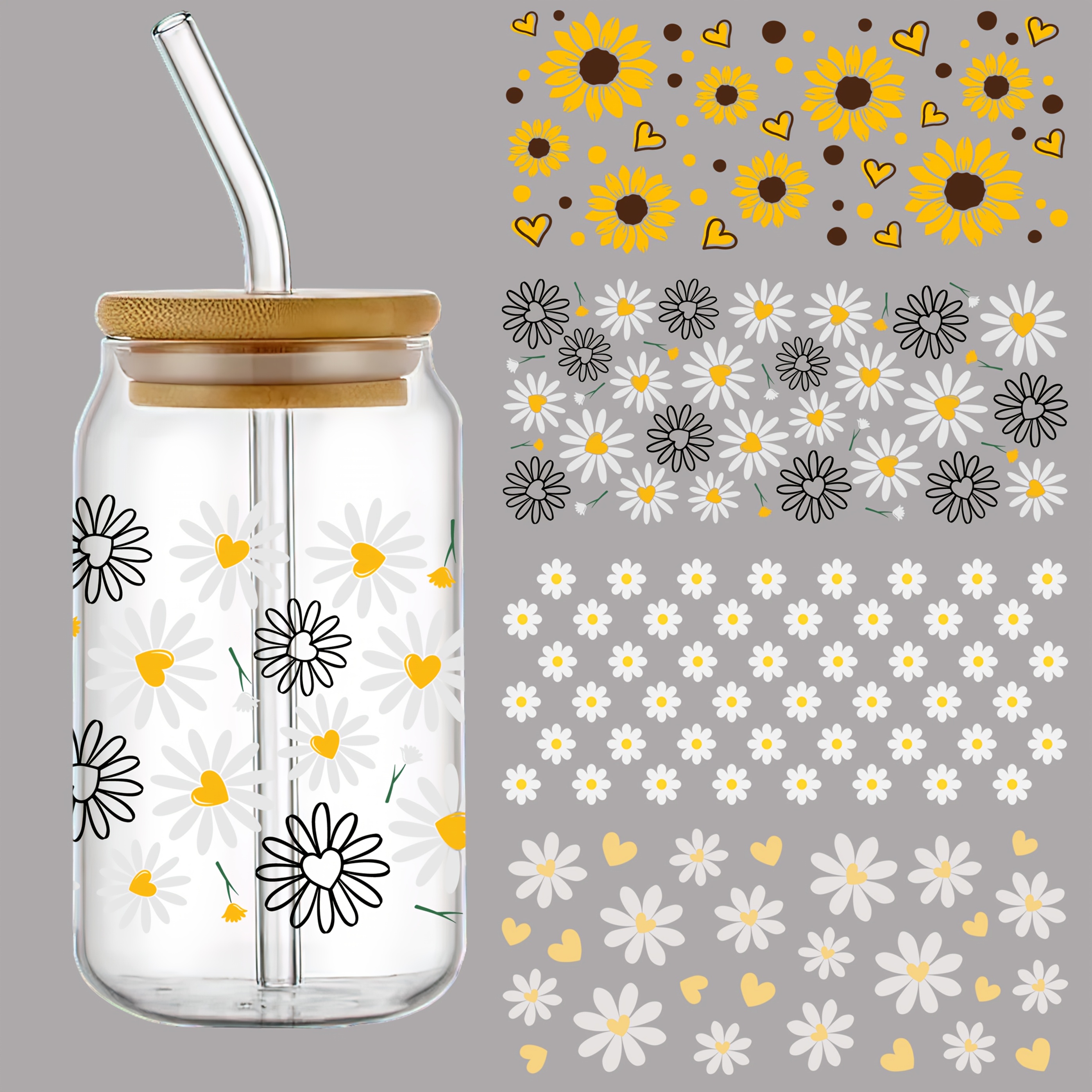 

4-pack Daisy & Heart 3d Crystal Transfer Paper, Uv Dtf Self-adhesive Waterproof -resistant Decals For Tumblers & Bottles, High-quality Plastic Wraps