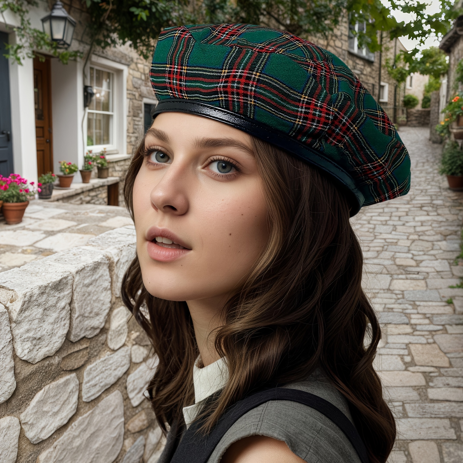Women Classic French Beret Hat Tartan Checked Artist Painter Hats Beanie Cap