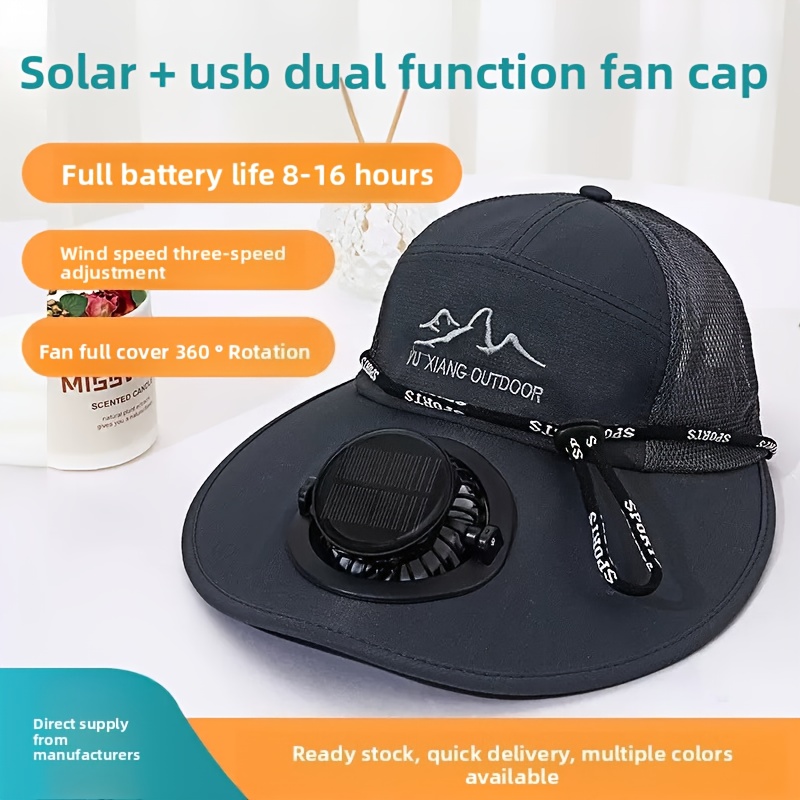 Solar-powered outdoor fan hat available in multiple colors with solar and USB charging