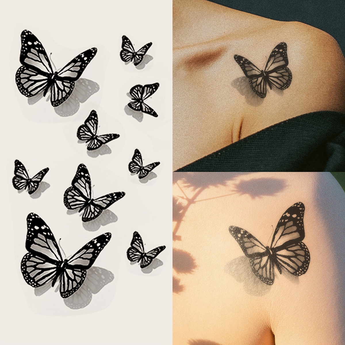 Schwarze 3D-Simulation Schmetterlingsmuster  Urlaubsgeschenk-Tattoo-Aufkleber für * Handgelenke, Schultern, Hals und  Schlüsselbein Temporäre Wasserdichte Tattoo-Sticker-Packung mit 1, image size:1200x1200
