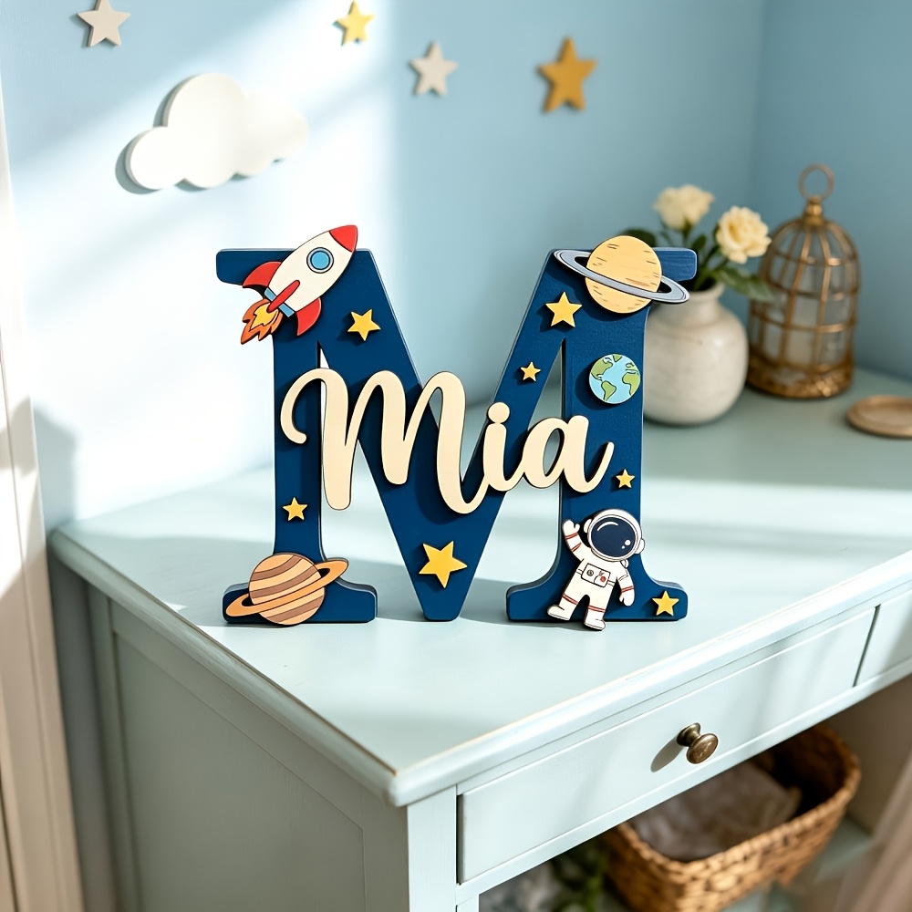 TEMU Plaque de nom personnalisée en bois 3D gaufrée, décoration personnalisée bleu marine avec , et astronaute, plaque d' en bois à plusieurs couches