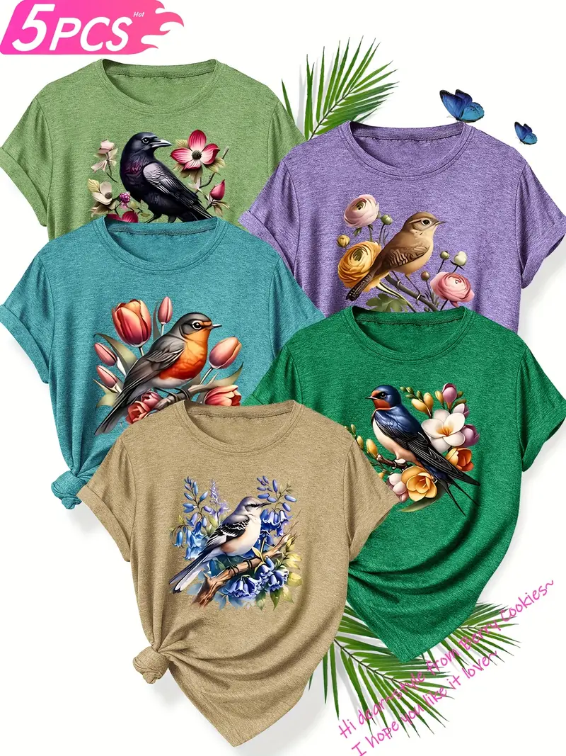 5pcs set of sisters simple and cute animal plant flower pattern printed elegant womens spring summer and autumn round neck short sleeve t shirt multi color s xxl Product details 10