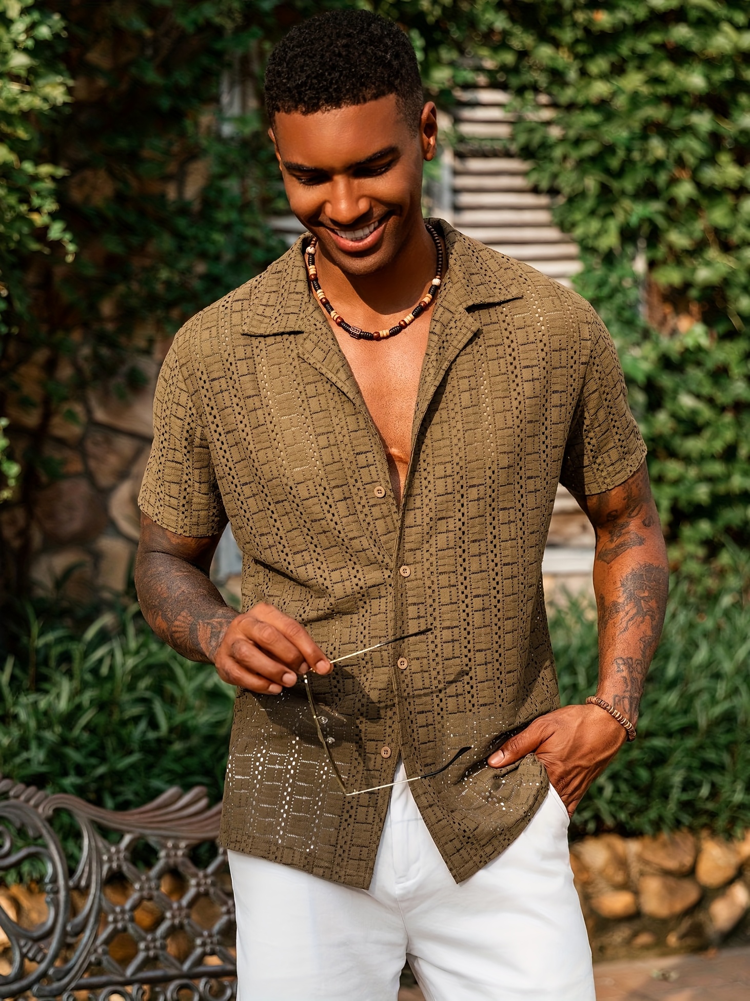mens floral lace short sleeve hollow see casual button - Temu