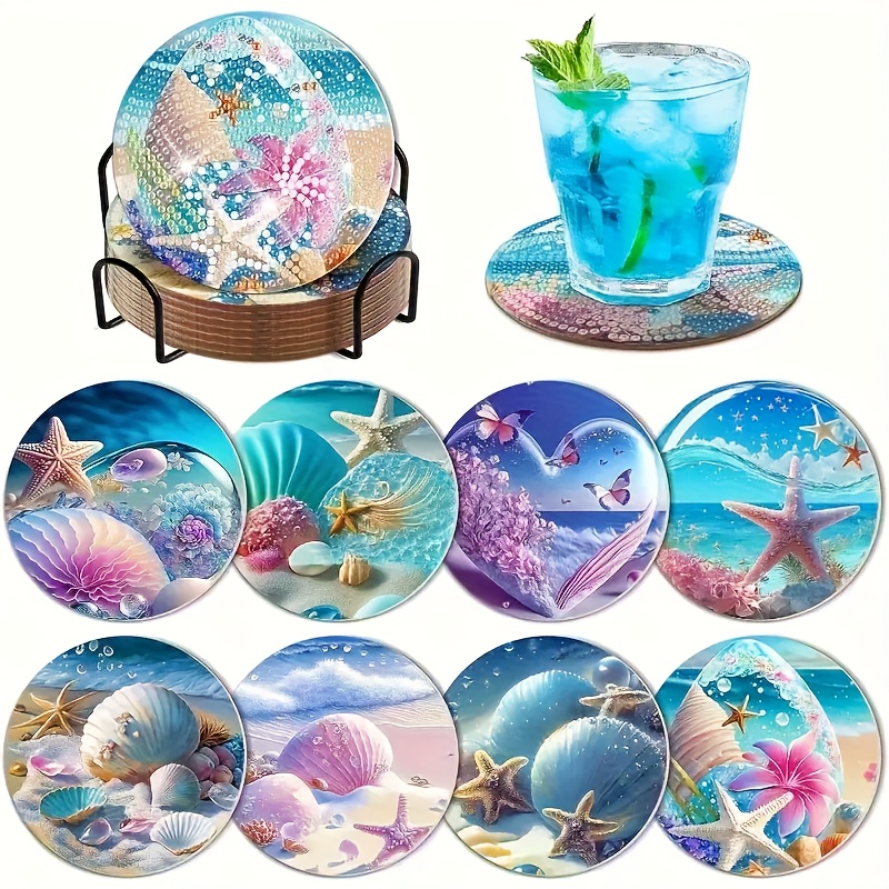 8pcs Diamond Painting Coaster Set With Holder - Beginner Diy Full Diamond Craft Kit, Creative Diamond Painting Kit, Shell And Starfish Diamond Painting Kit