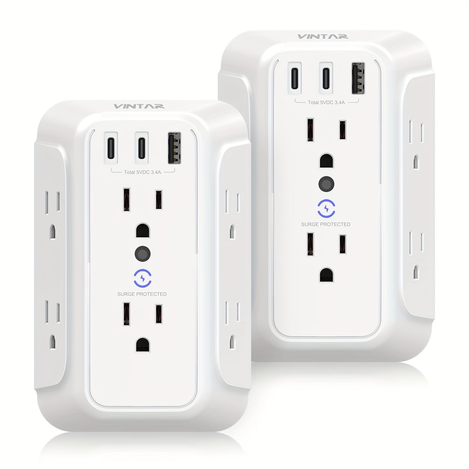 

[2-pack] Protector Outlet Extender, Vintar 6 Outlet Splitter With 3 Usb Charging Ports (2 Usb C), 900j Multi Plug Outlet Power Strip, 3-sided Usb Wall Charger For Home Office Dorm Room Essentials