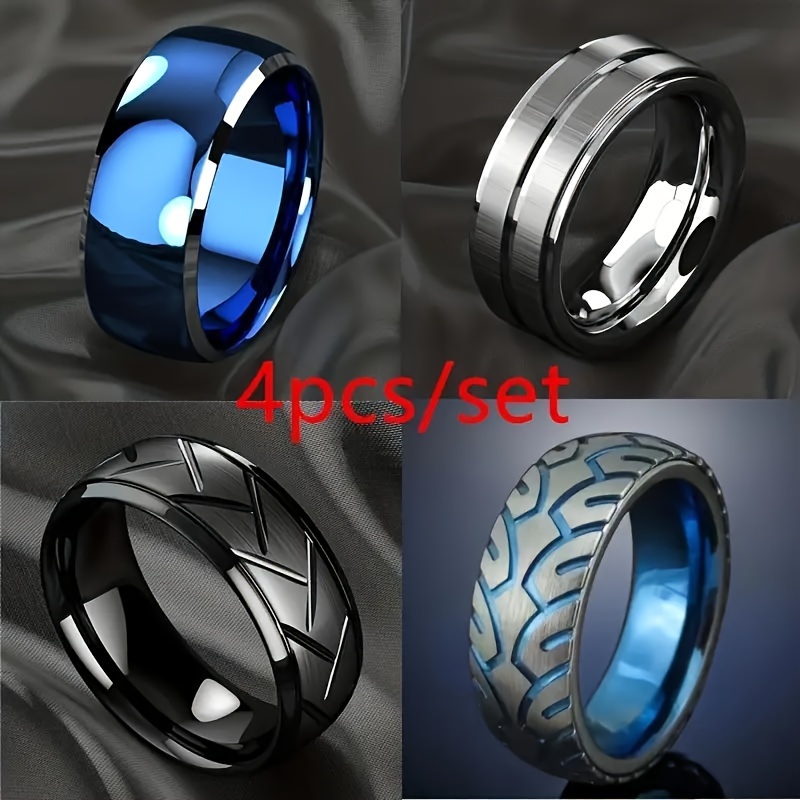 

4-piece Set Of And Black Stainless Steel Tire Pattern Mens Rings - Hypoallergenic, Brushed , Fashionable Combination Engagement And Wedding Bands - , -resistant, And Comfortable Jewelry