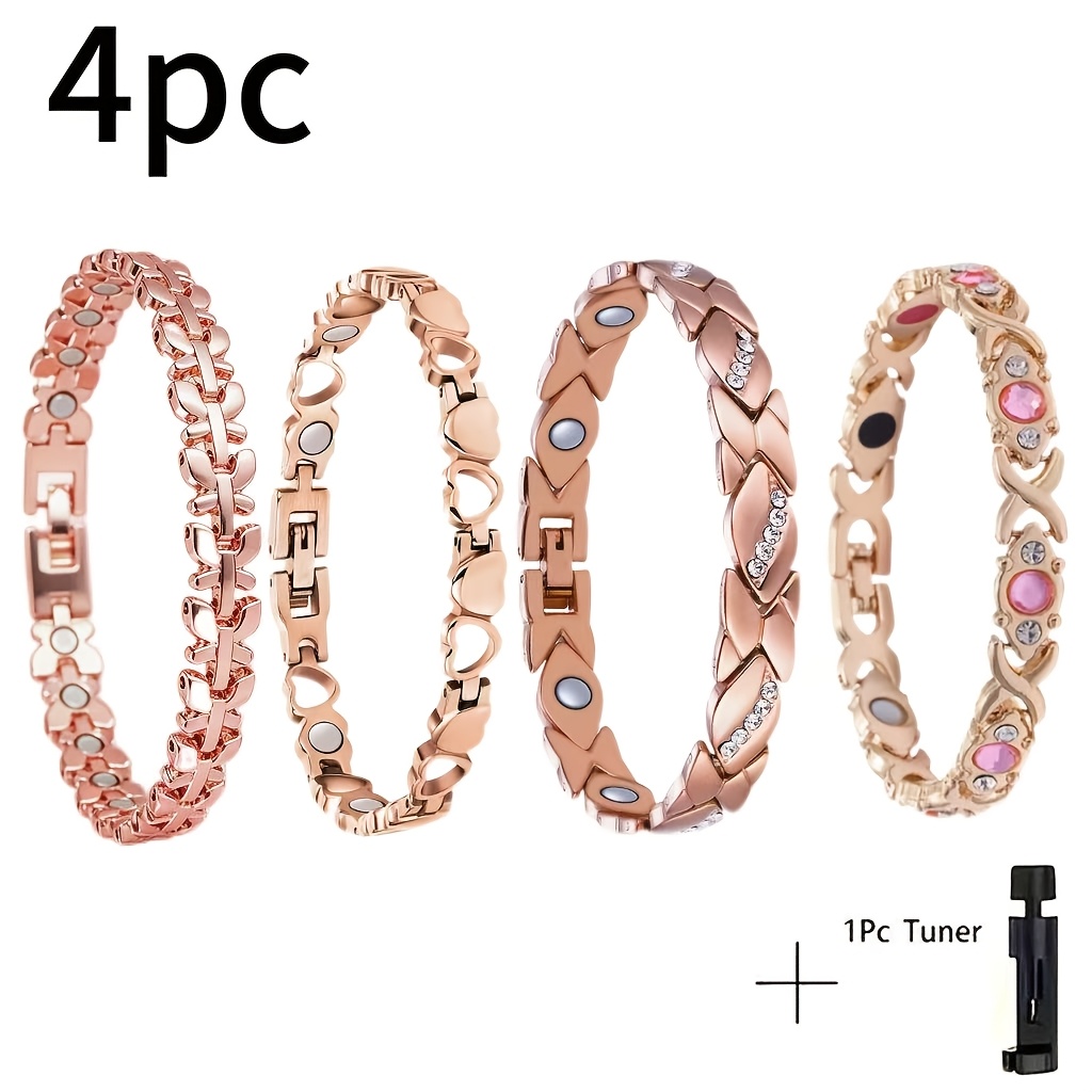 TEMU 4pcs Rose Gold Plated Copper Magnetic Bracelet Set With 4 Distinct Designs, Exquisite Versatile Women's Wrist Jewelry For Daily Commute & Dating