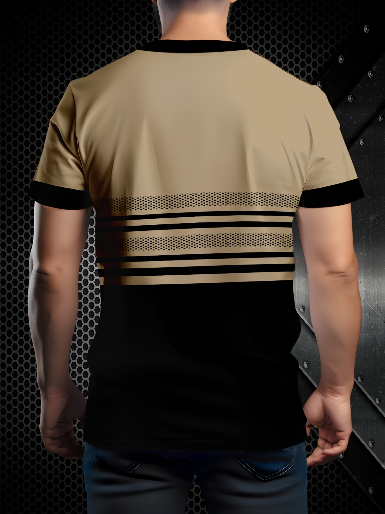 Men'S Striped Horse 3D Print T-Shirt, Casual Summer Sportswear, Crew Neck, Slight Stretch Fabric, Regular Fit - Black/White/Green