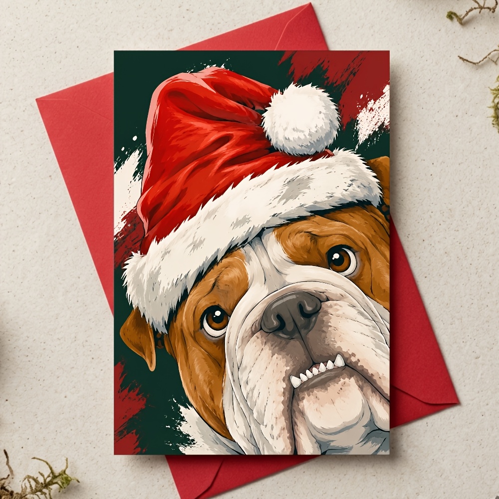 TEMU 1pc Greeting Card And 1pc Envelope. 2d Flat Christmas Bulldog Card, Fun Santa Hat , Suitable For Dog Lovers, Pet Owners, , Ideal For Christmas