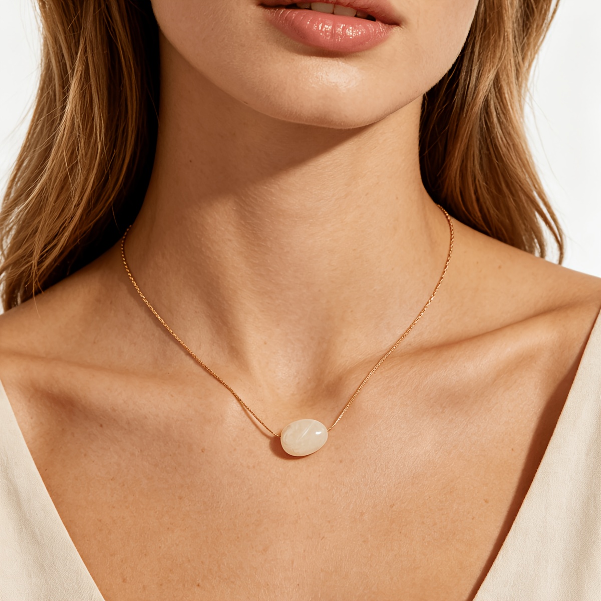 Women's Stainless Steel Inlaid Oval Resin Necklace