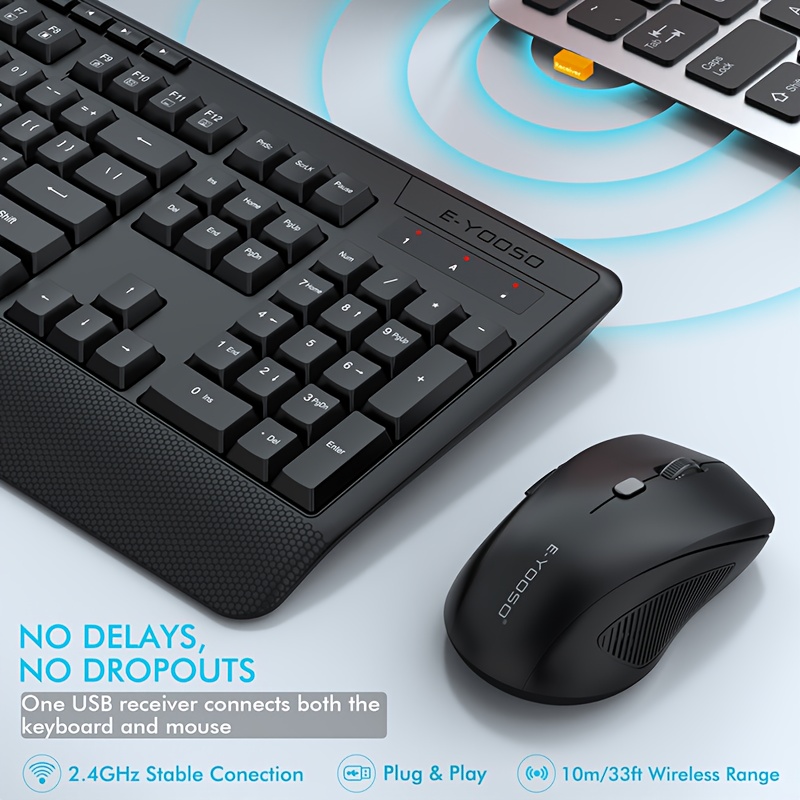 E-YOOSO 2.4Ghz Wireless Keyboard And Mouse Set, Low Voltage Prompt, Composite Multimedia Functions, Self-Sleep Function, Ergonomic Keyboard And Mouse Set with Support Wrist Rest, Convenient And Comfortable Keyboard And Mouse Operation