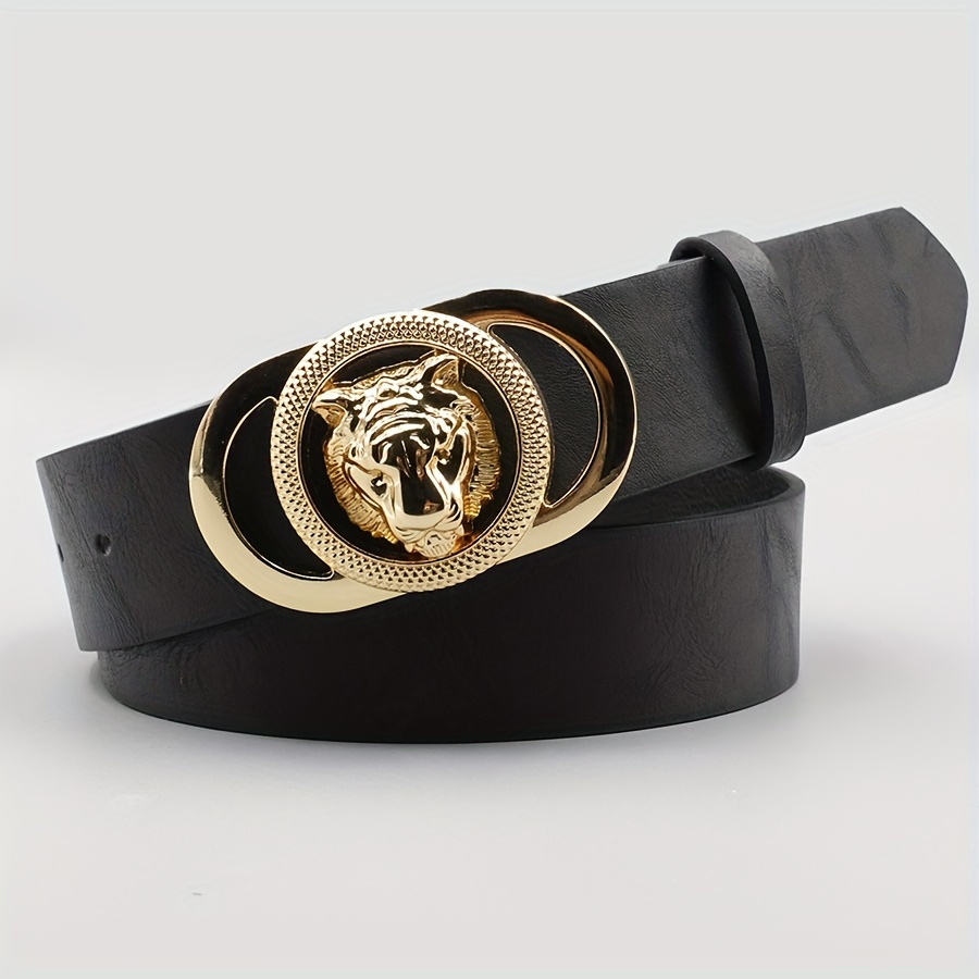 

Ceinture Chic en Similicuir Noir avec Boucle Tête de Lion Dorée - Ceinture Fine Polyvalente pour Jeans, Robes & Tenues Décontractées