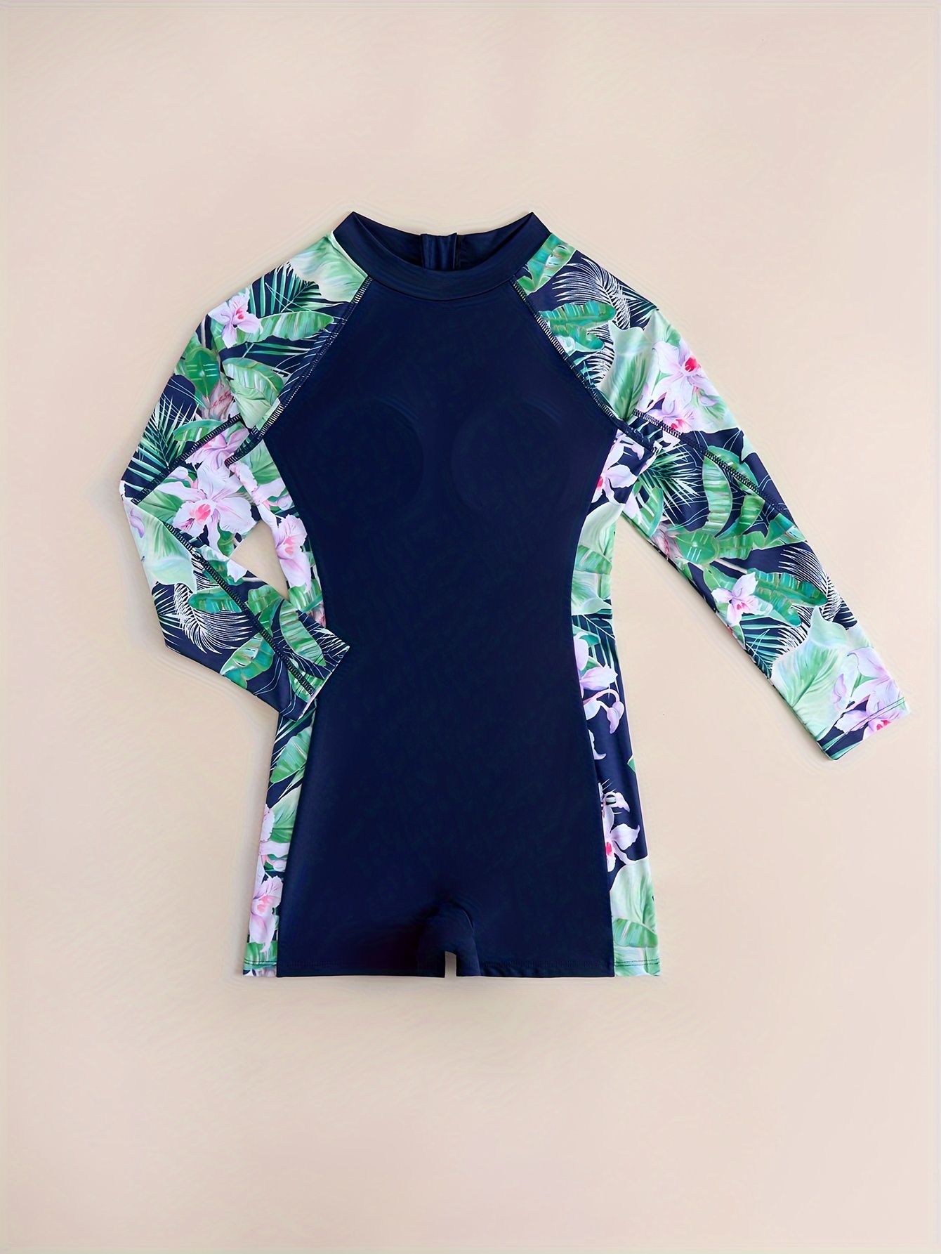 Floral Print Zip Long Sleeve Swimsuit Crew Neck - Temu Canada