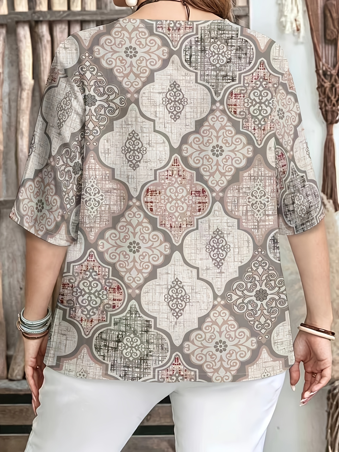 printed short sleeve top womens casual three quarter sleeve t shirt design simple ethnic pattern stylish and versatile for daily wear a perfect gift for
