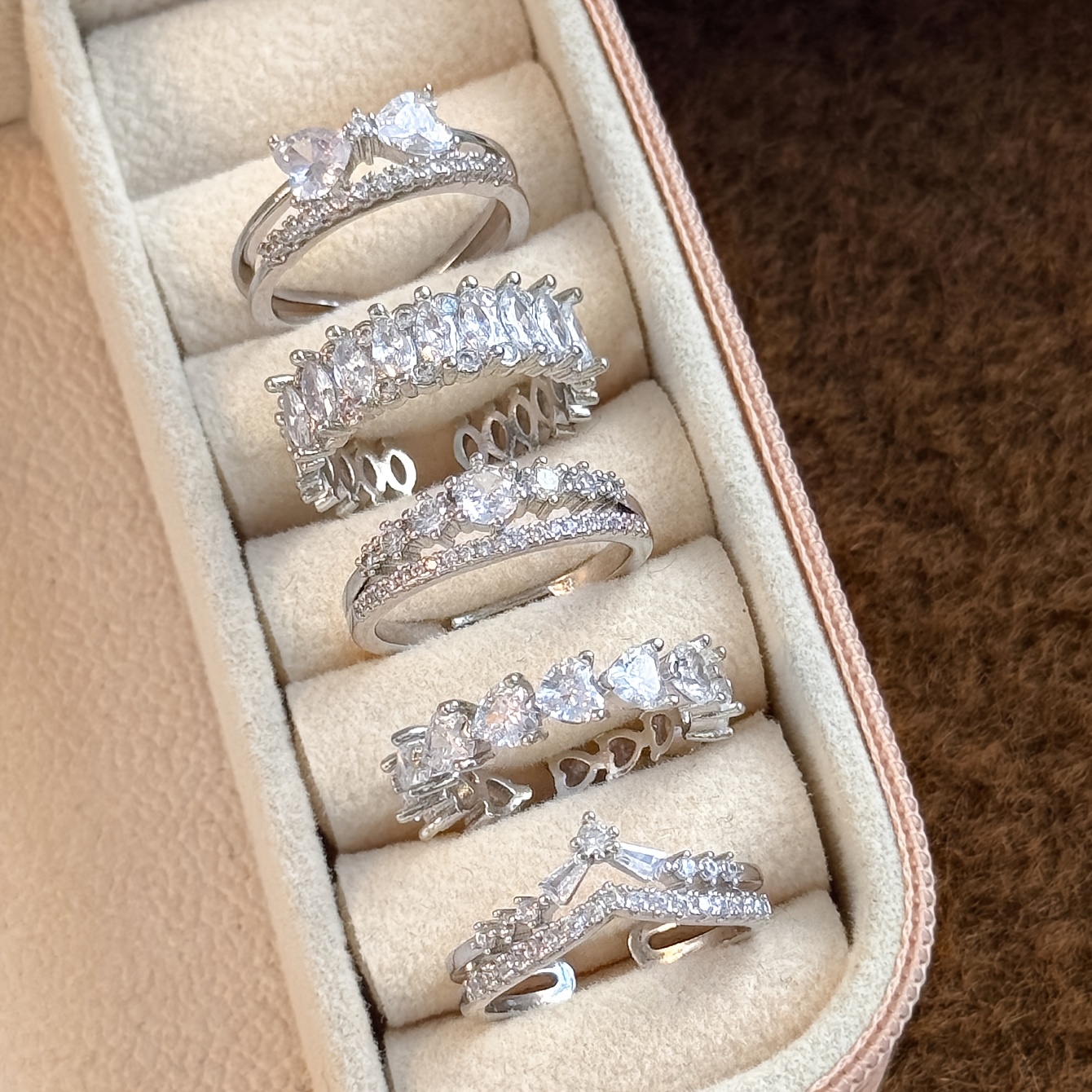 Image of 5 Exquisite And High-end Copper Inlaid Cubic Zirconia Fashionable, Easy And Elegant Temperament Suitable For Weddings, Parties, Festivals, Gifts, Brides, Ladies, Ring Sets