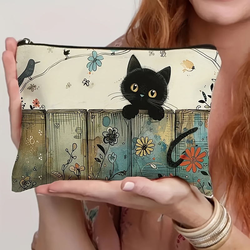 

Vintage-style Canvas Pouch With Cute Black Cat & - , Fade-resistant, Closure - Ideal Gift For Sisters, Friends - Makeup Bag, Pencil Case, Bag, Canvas Bag