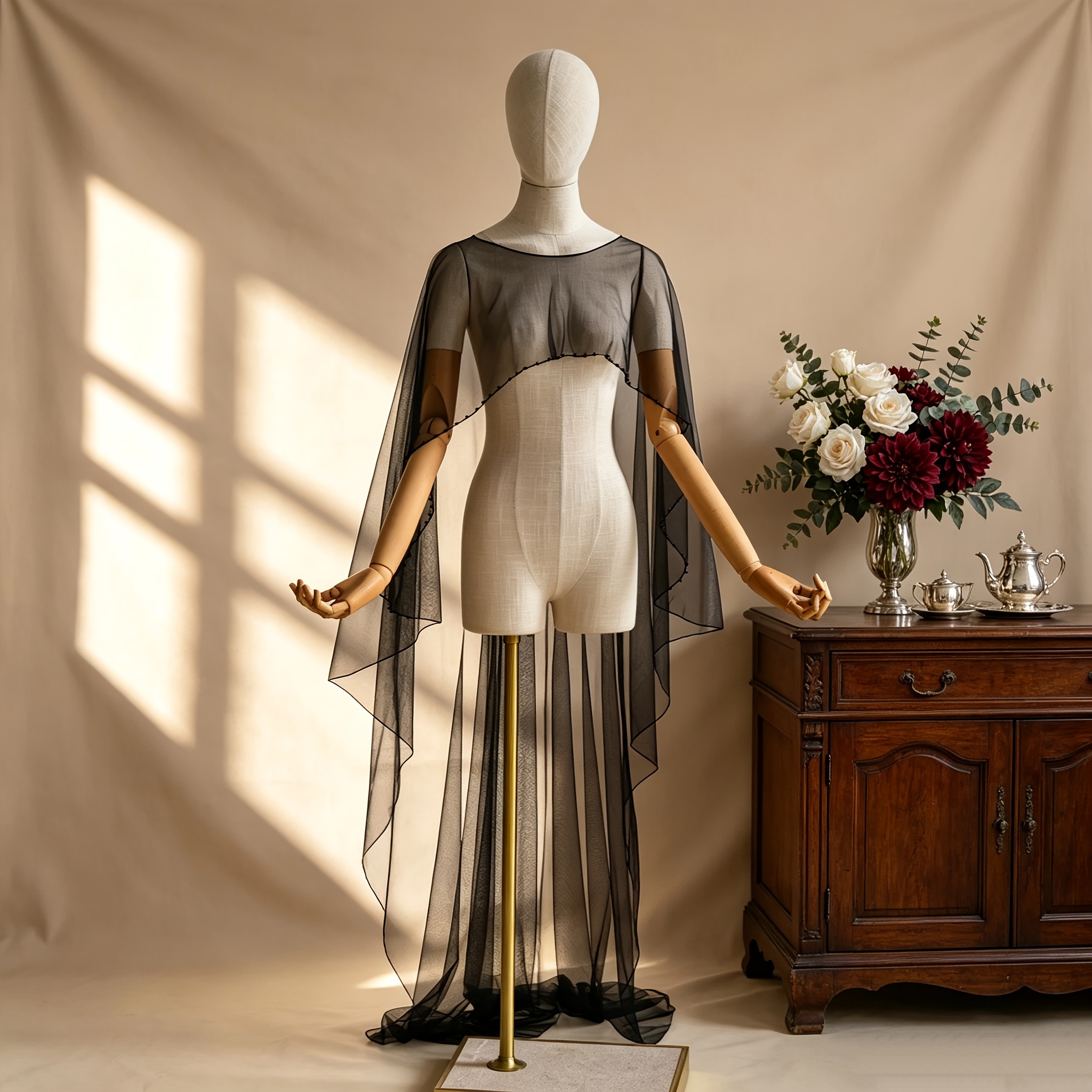 TEMU Black Soft Tulle Wedding Cape With Trim, Featuring A Short Front And Long . A Vintage Gothic-style Wedding Accessory, Suitable For Evening Party
