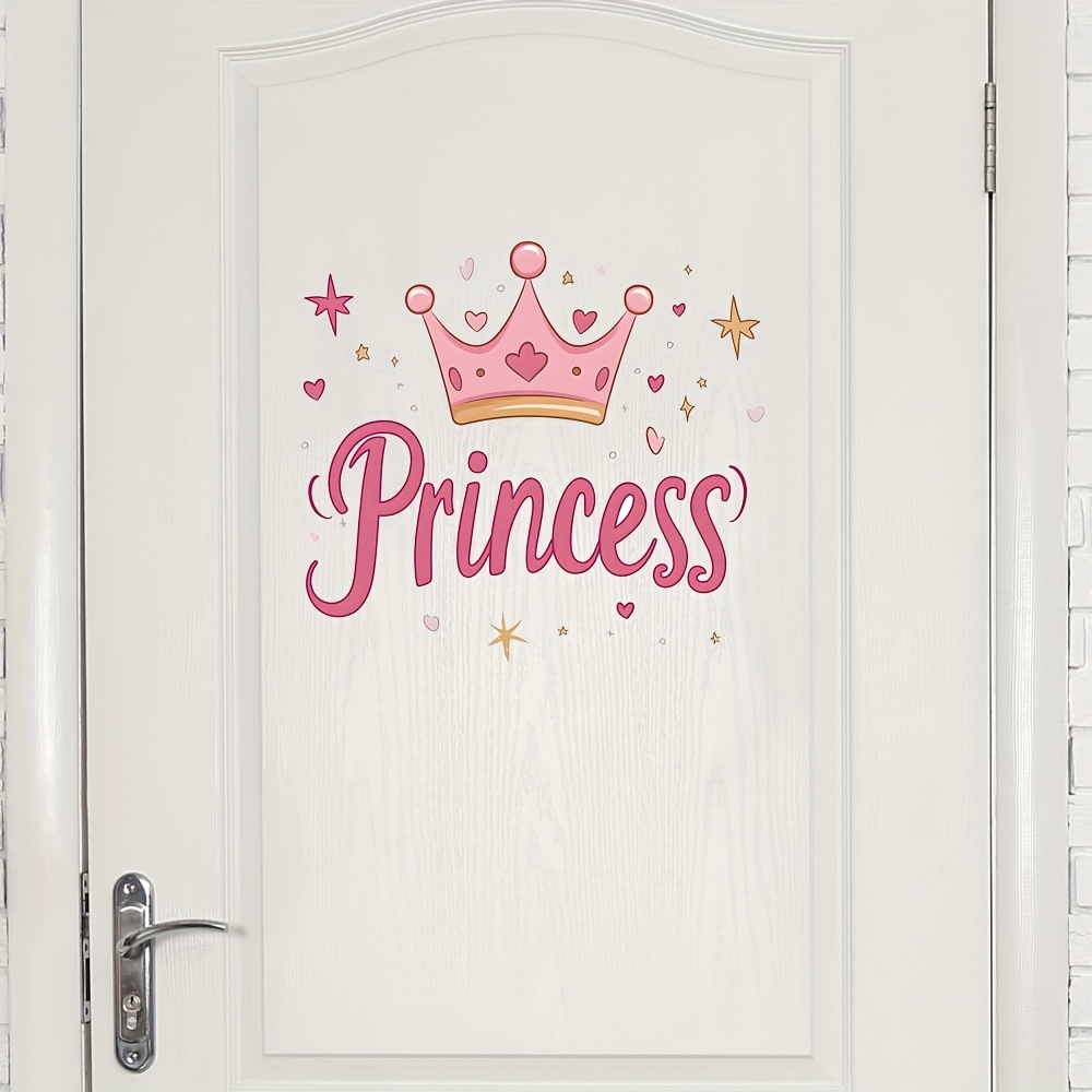 

1pc Princess Vinyl Wall Decal, Art Pink Crown & Glitter, Self-adhesive Cartoon Door Sticker For Girls' Bedroom, , Plastic Surface Compatible, Single Use Decorative