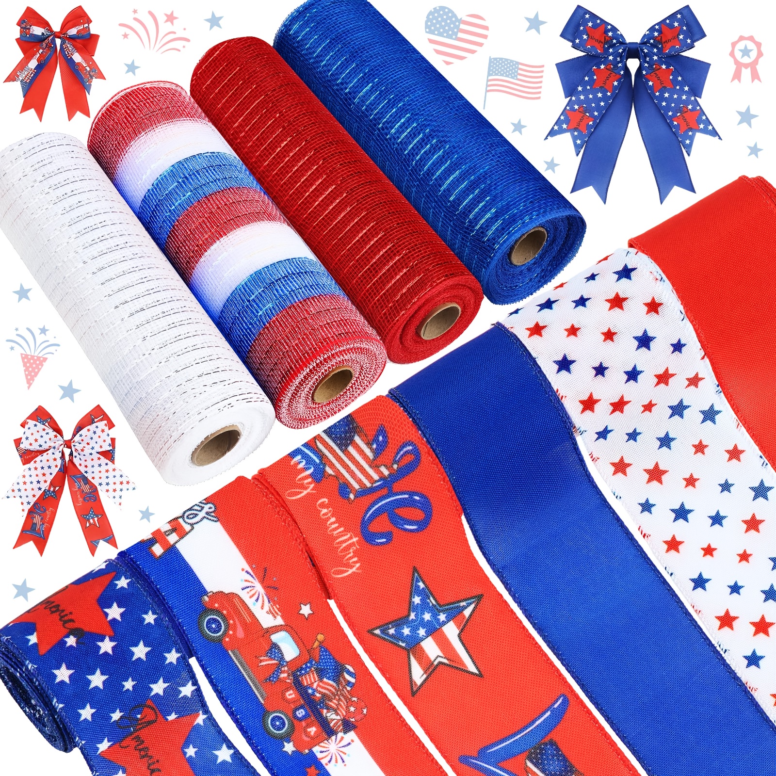 TEMU 10pcs Patriotic Ribbons 6 Rolls 2.5 X 5 Yards Patriotic Burlap Wired Edge Ribbon 4 Rolls 10 X Mesh Red Blue White Wrapping Crafts For Day Diy