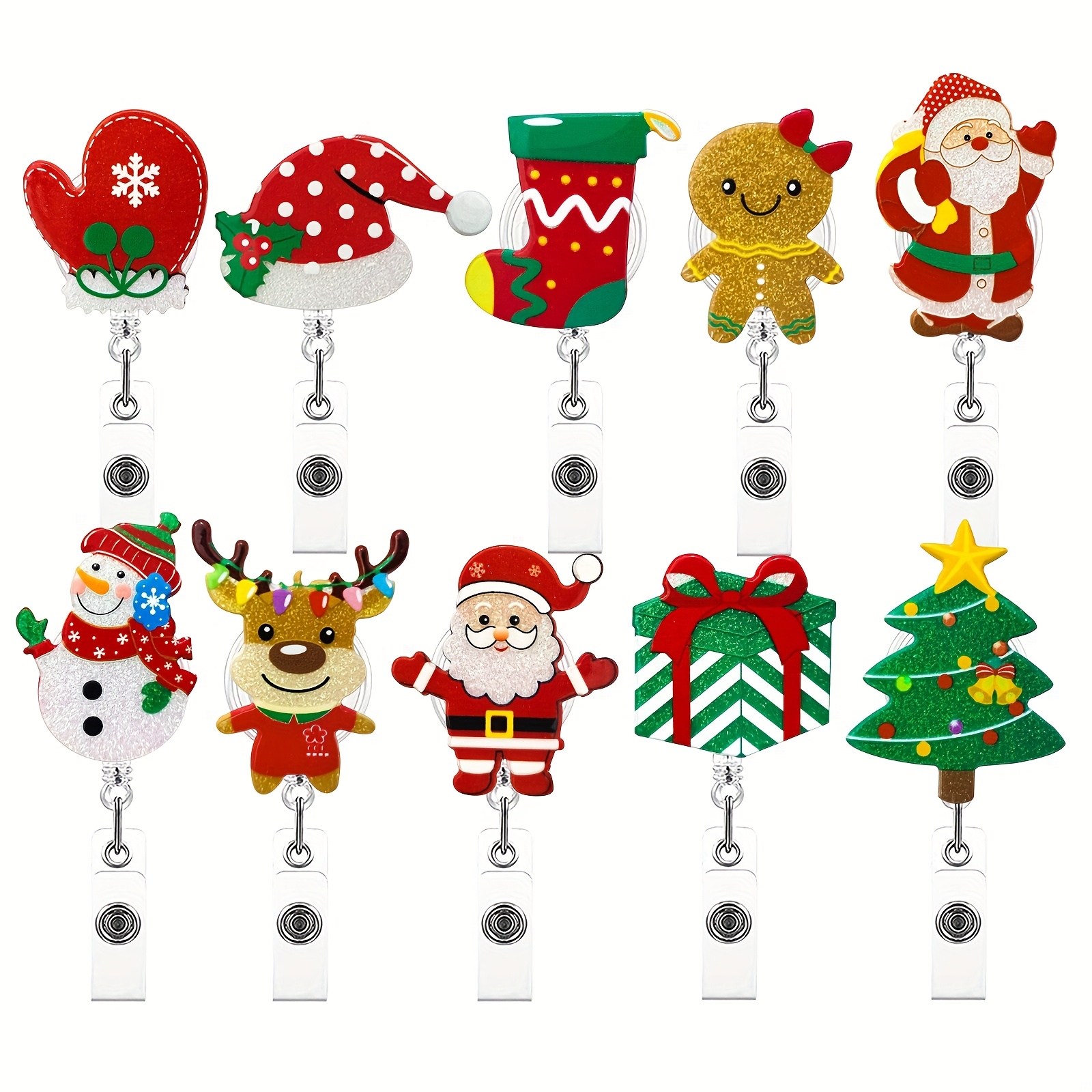 TEMU 2d 10pcs Pack Christmas Glitter Snowman & Tree Id Badge With Retractable - Acrylic Suitable For Stocking Stuffers, Id Card Holders, Badge For