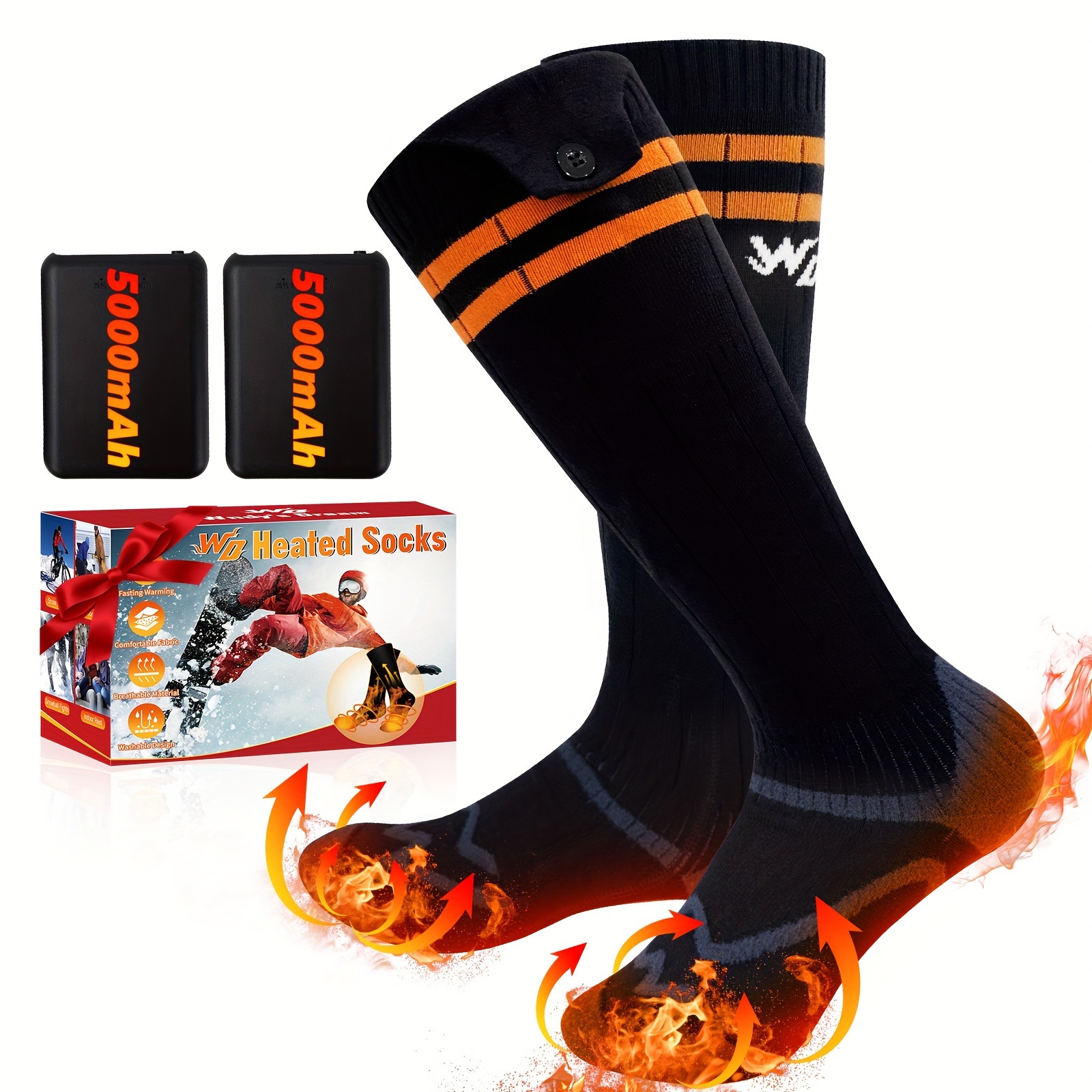 

[] Socks With 5000mah Rechargeable Battery - Washable Winter , Black With Orange Stripes, Ideal For Outdoor Activities Like Fishing, Biking, Camping, And Hiking, | Kneehigh Socks| Socks