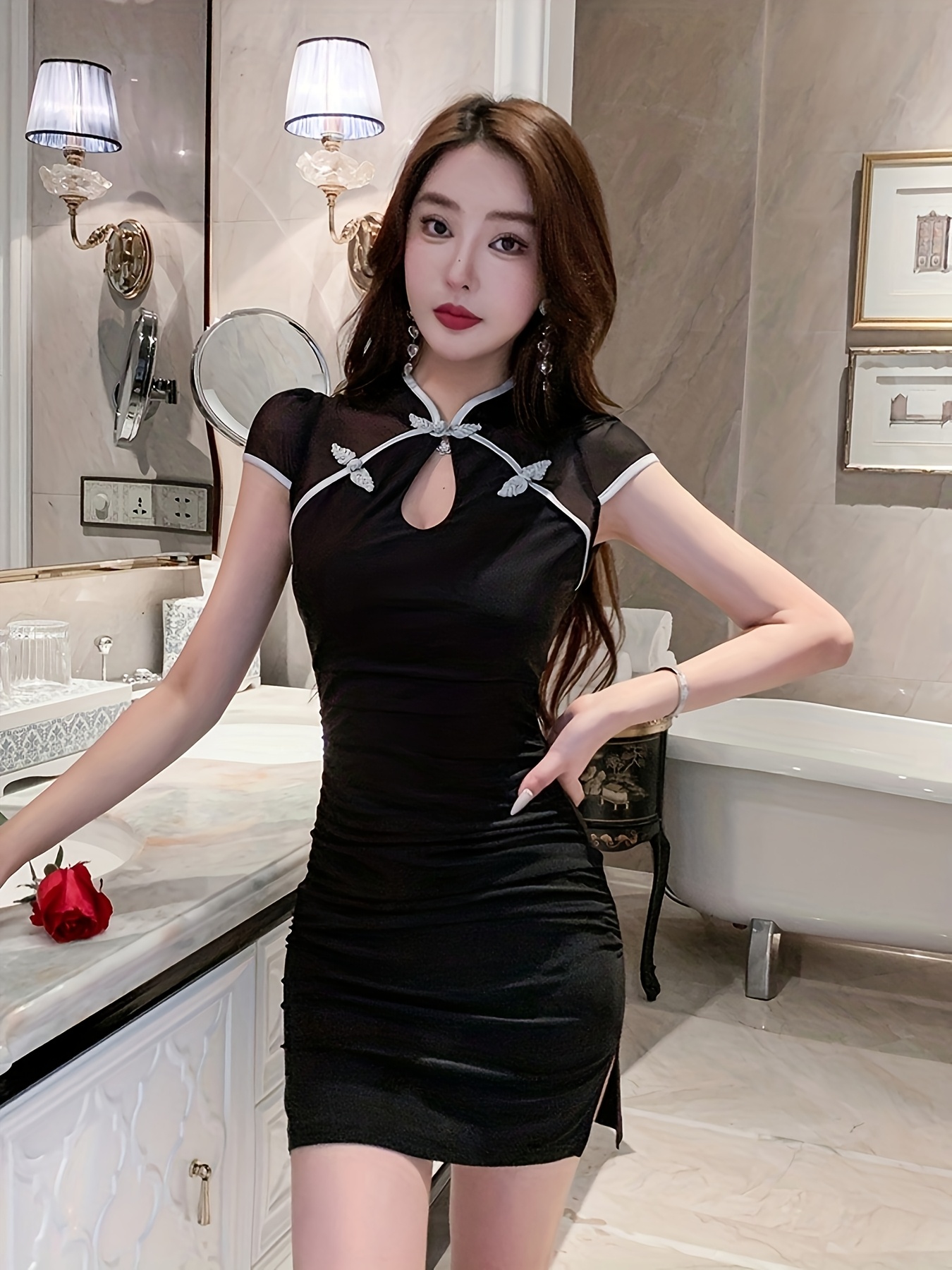 sexy asian clothes BLACK Print Flower Women Short Slim Cheongsam Sexy High Split Chinese  Traditional Dress Plus Size Rayon Qipao Vestidos S-6XL
