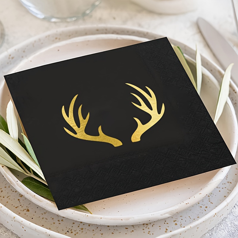 Image of 20pcs Christmas Antlers Black And White Three-layer Golden- Napkins Thick And Soft Dyed Golden-
