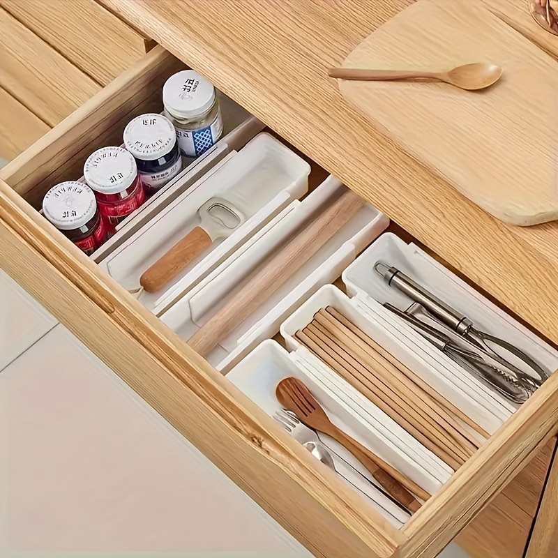 

Expandable Drawer Organizer Tray Set - Plastic Kitchen Drawer Inserts For Utensils, Flatware And Cutlery, Insert Mount Storage Solution With Adjustable Compartments For Home Organization