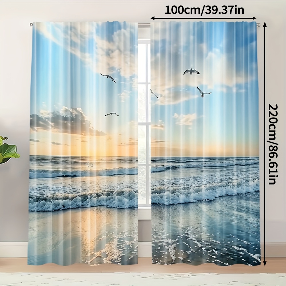 TEMU 2pcs Seaside Seagull Landscape Curtains - 100% Polyester, Design With Waves & Birds, Lightweight & Easy To Hang, Perfect For Bedroom & Living