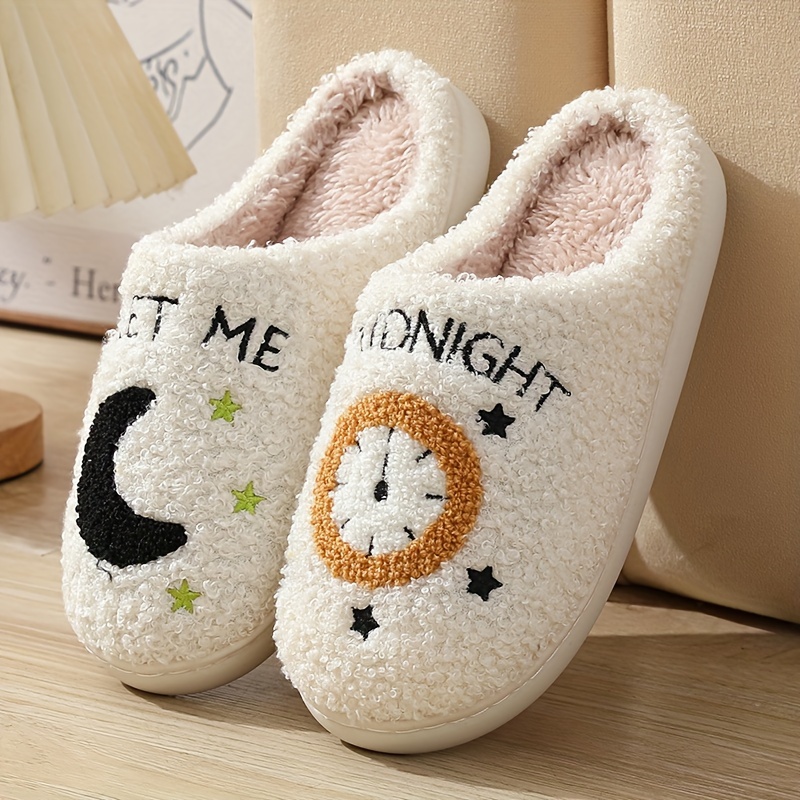 

Elegant Clock & Moon Design Plush Slippers For Women, Cozy Winter Indoor Home Shoes, Slip-on Slippers With Tpr Sole