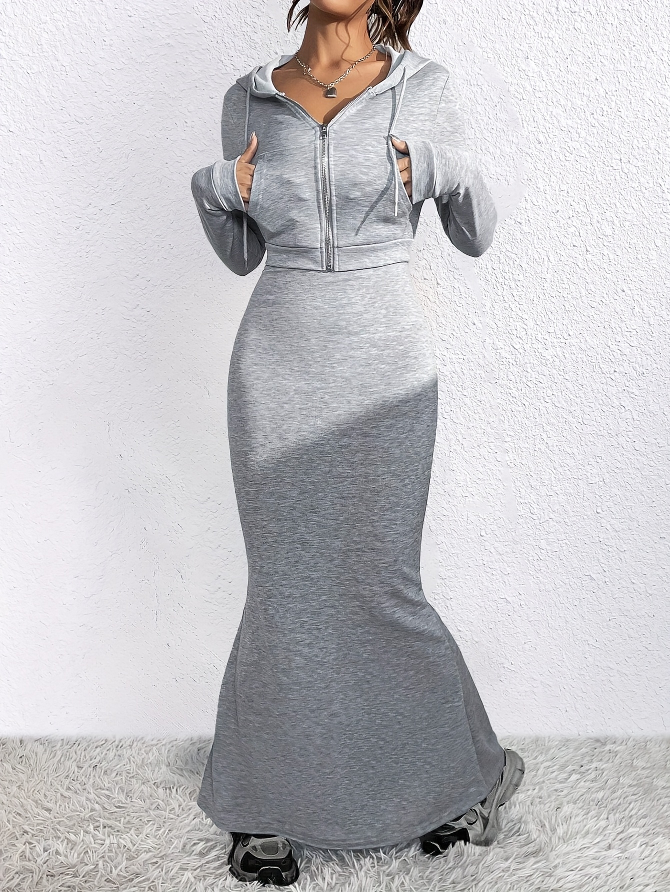 elegant polyester knit dress set hoodie solid color zippered - Temu